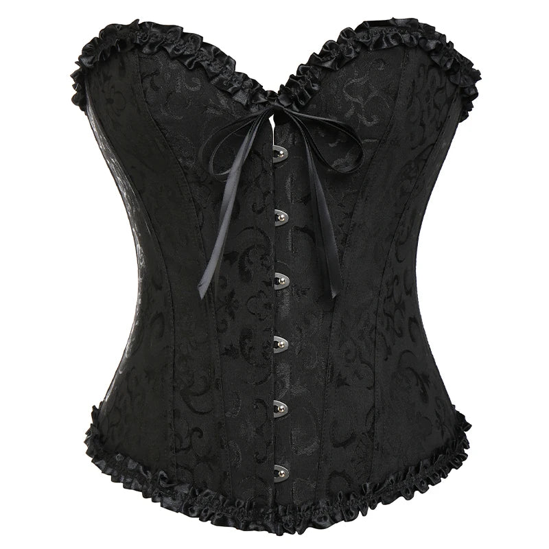Vintage Brocade Corset Top with Buckle Accents and Lace-Up Back Design