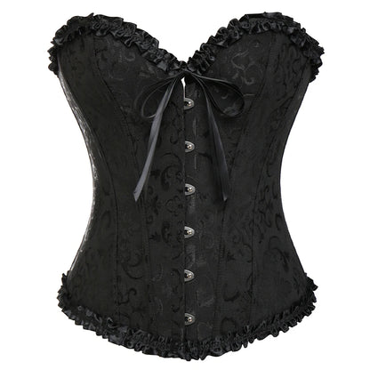 Vintage Brocade Corset Top with Buckle Accents and Lace-Up Back Design