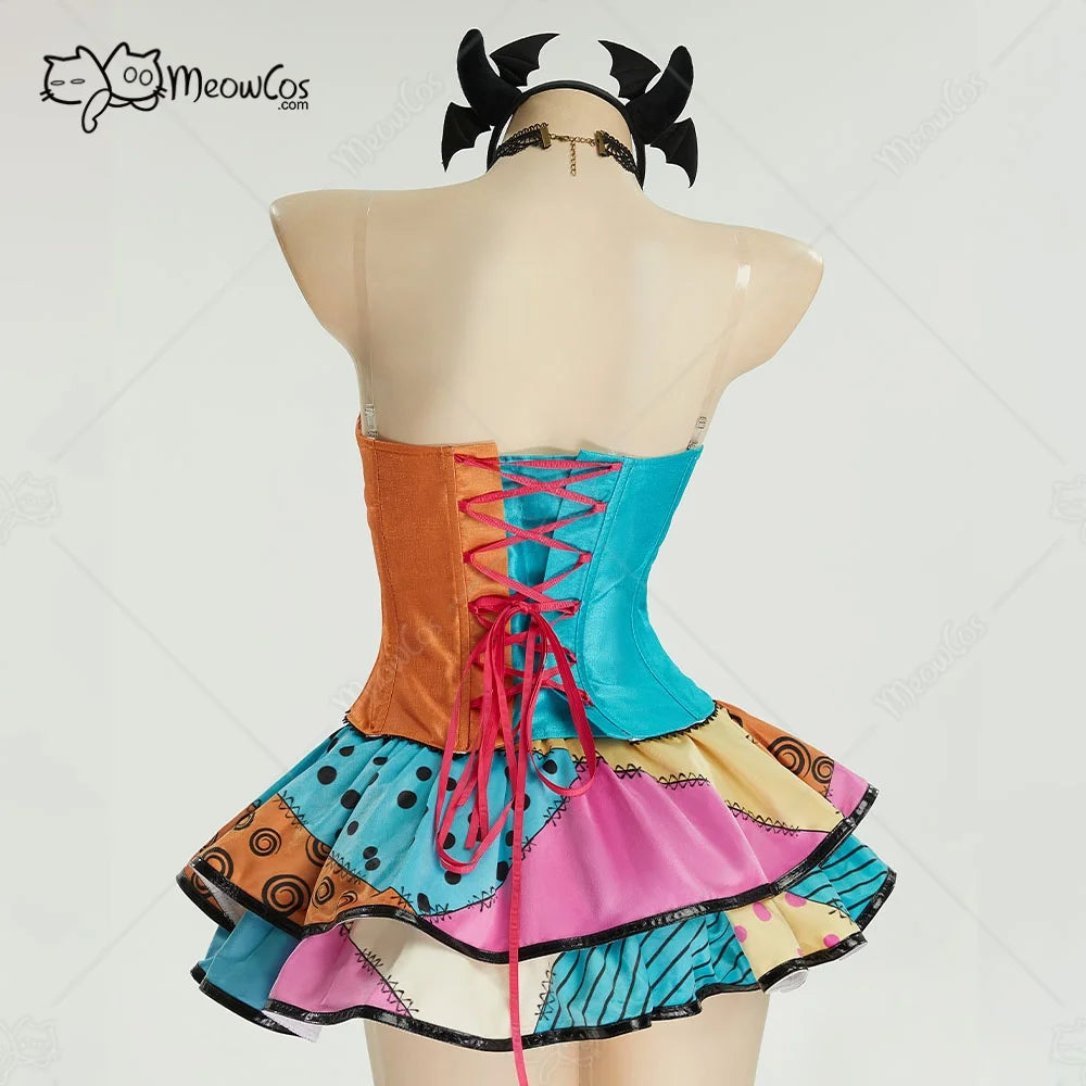 Women's Velvet Corset and Double Layered Patchwork Skirt Costume Set with Matching Accessories