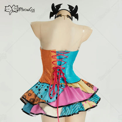 Women's Velvet Corset and Double Layered Patchwork Skirt Costume Set with Matching Accessories