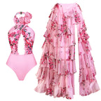 Romantic Pink Floral Cutout Swimsuit with Matching Tiered Ruffle Cover-Up