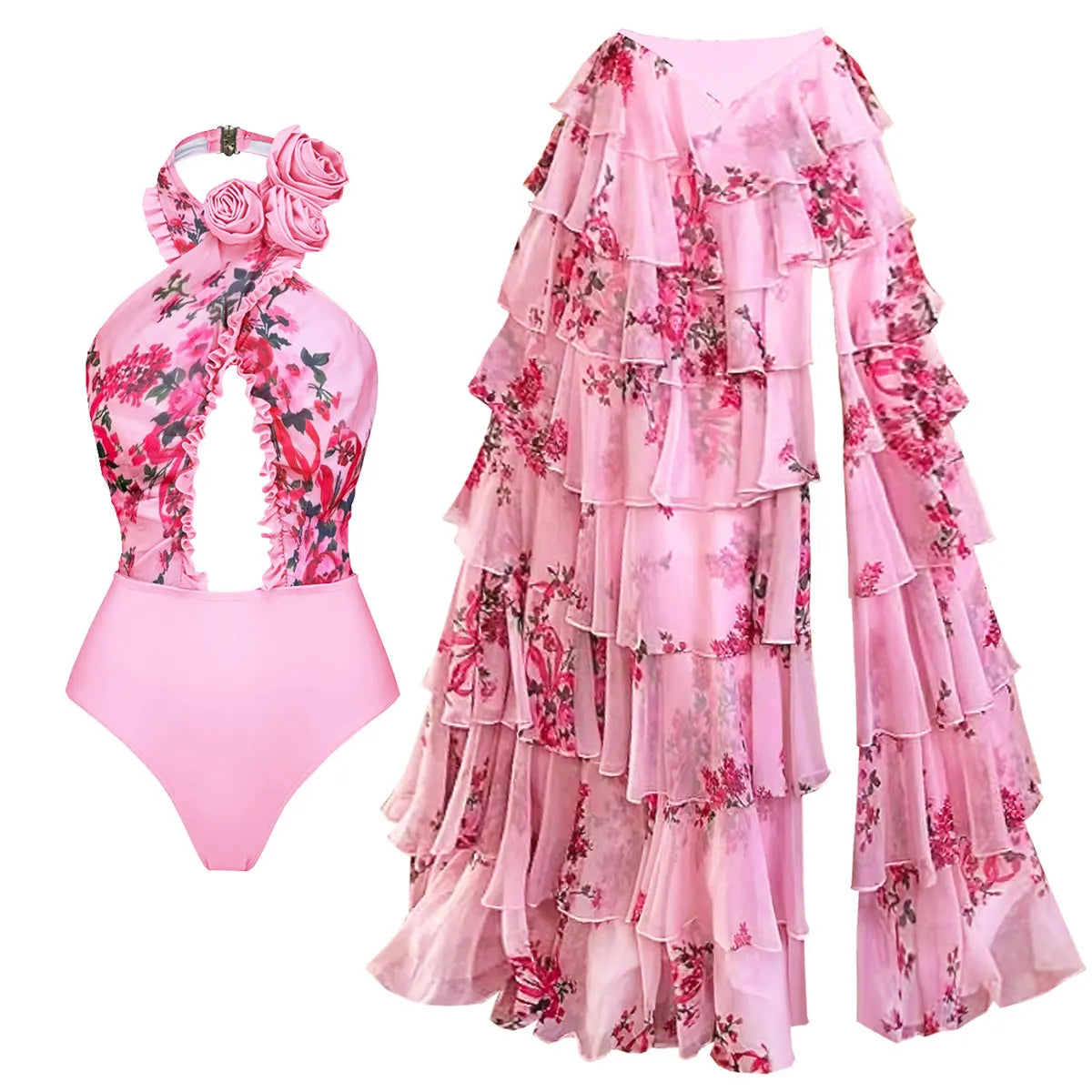 Romantic Pink Floral Cutout Swimsuit with Matching Tiered Ruffle Cover-Up