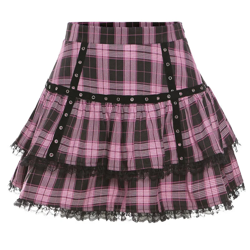 Plaid Tiered Ruffle Mini Skirt Lace Trim Gothic Inspired Alternative Bottom