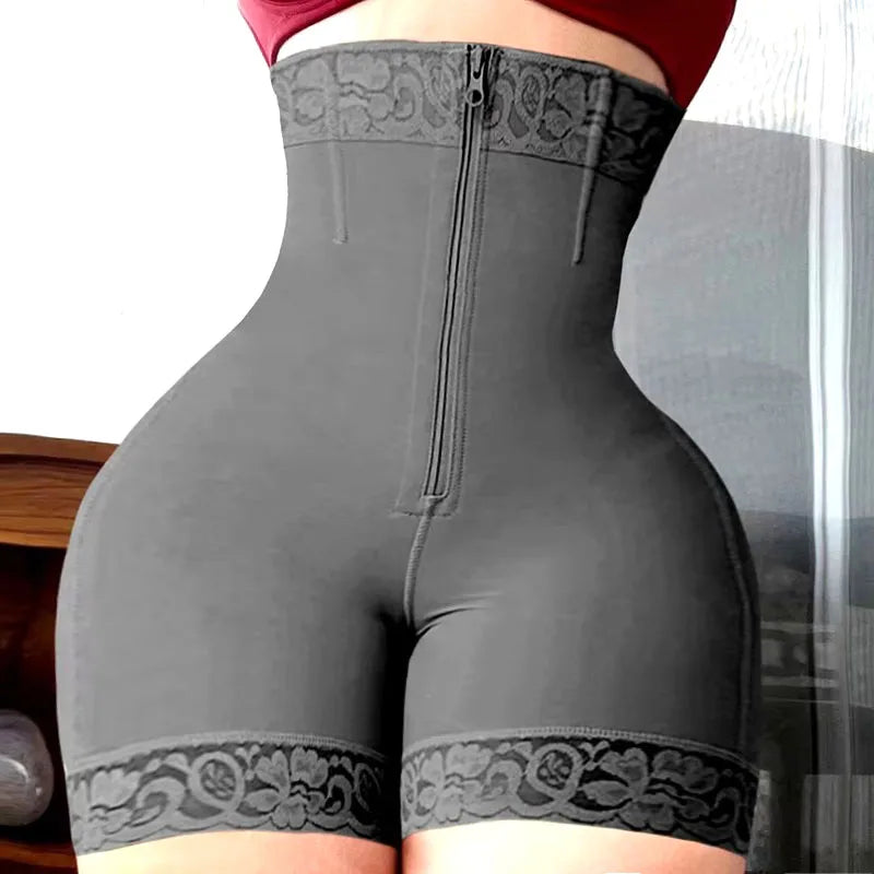 High-Waisted Mid-Thigh Shaping Shorts with Center Closure and Floral Lace Hem