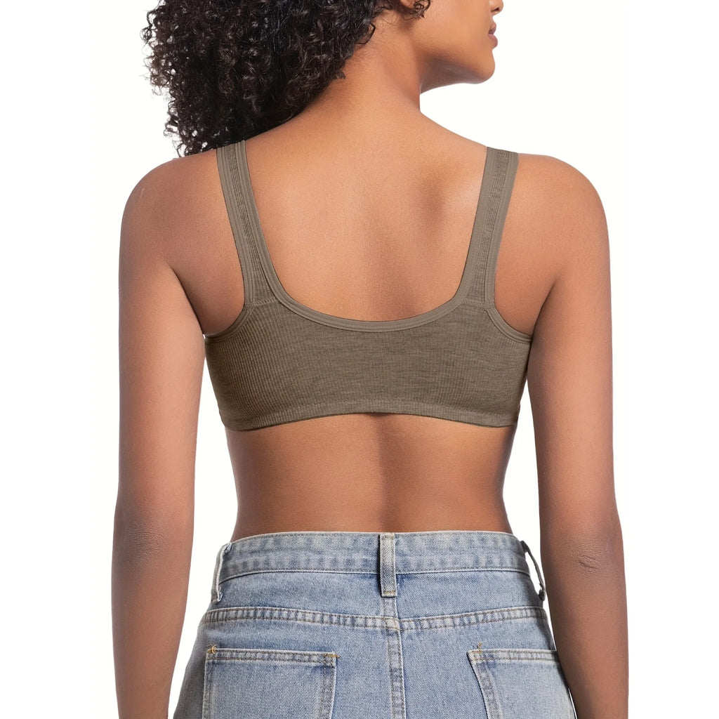Ribbed Texture Front-Closure Wireless Bra with Wide Shoulder Straps