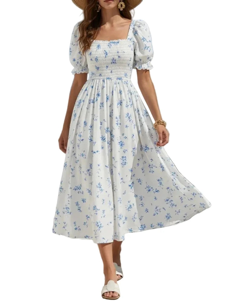 Blue Floral Print Smocked Midi Dress with Square Neckline and Puff Sleeves