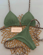 Contrast Leopard Strap Two-Piece Bikini with High-Cut Silhouette