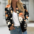 Women's Floral Print Bomber Jacket with Zip Front Contemporary Casual Streetwear Style