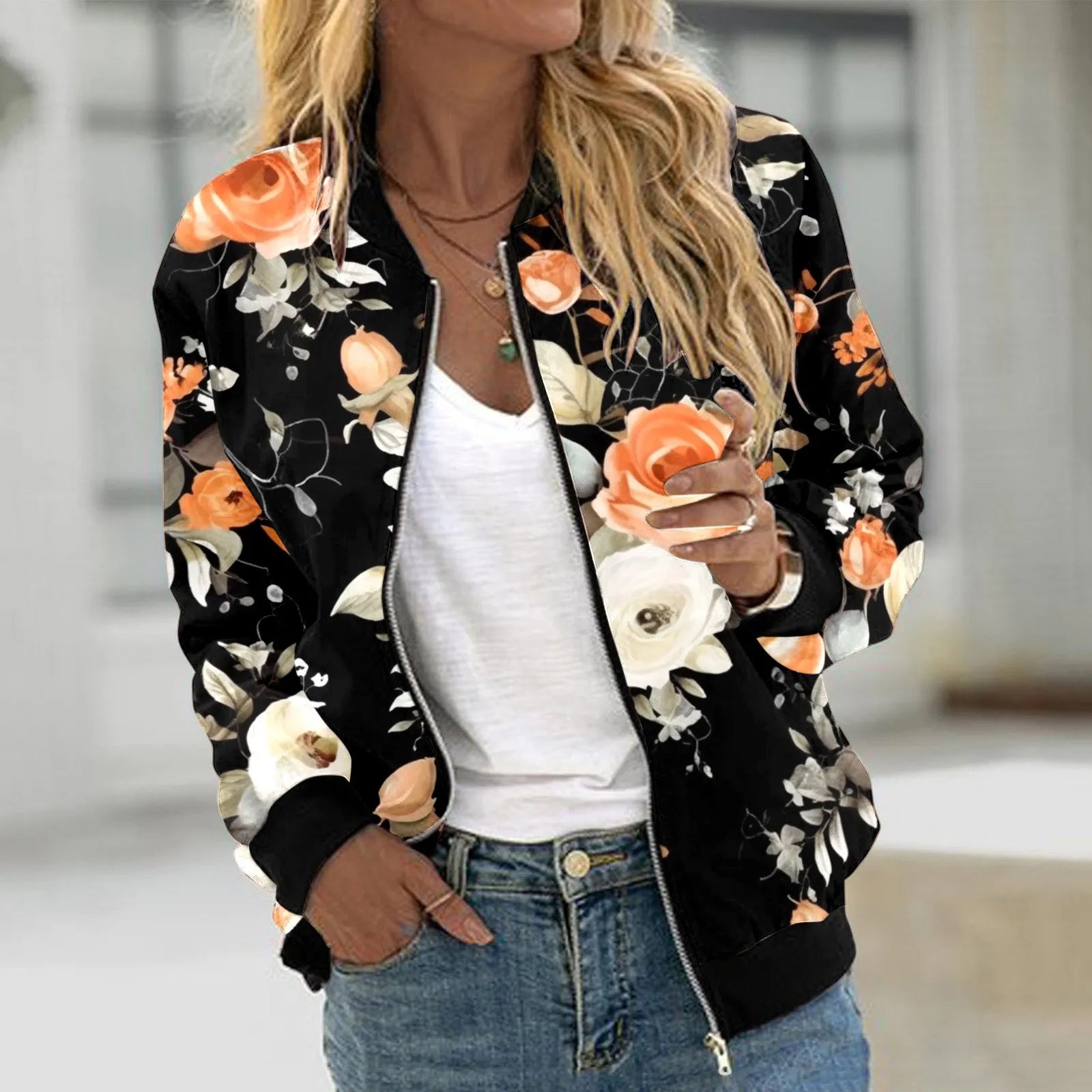 Women's Floral Print Bomber Jacket with Zip Front Contemporary Casual Streetwear Style