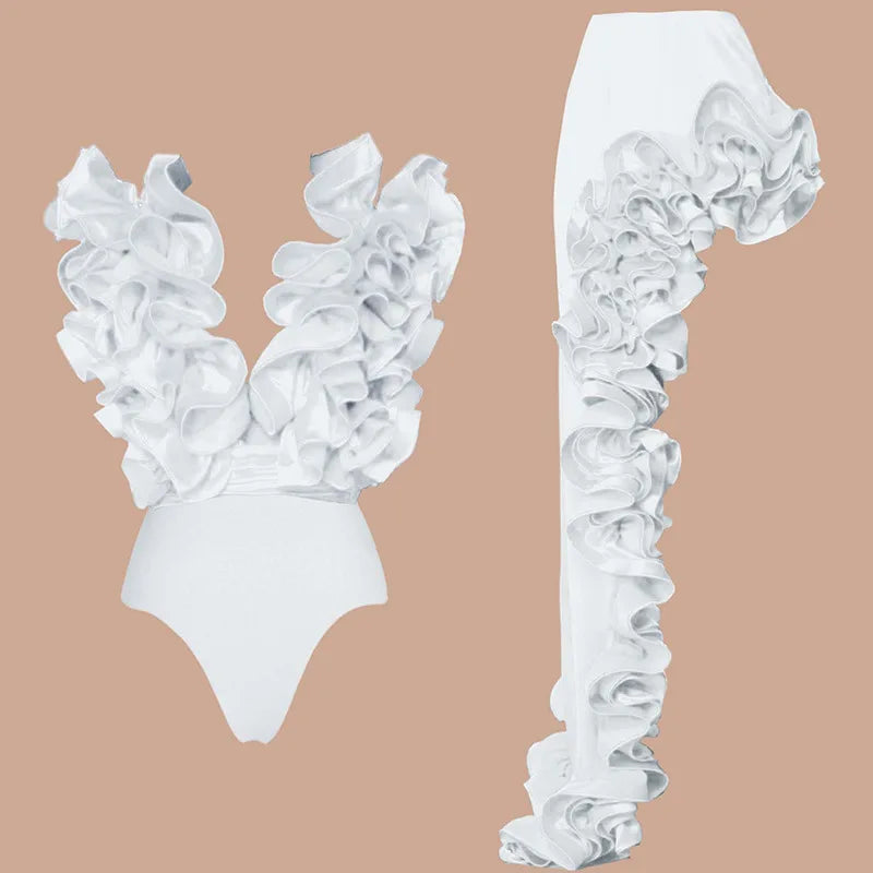 Crimson Red Plunge Swimwear Set with Dramatic 3D Floral Embellishments