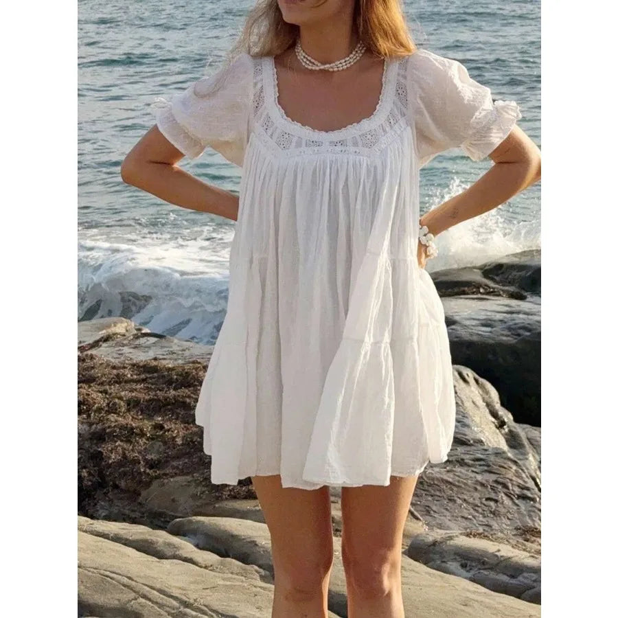 Puff Sleeve Babydoll Mini Dress with Lace Trim Relaxed Y2K Inspired Style