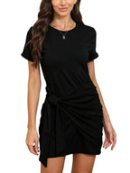 Short Sleeve Front Tie Ruched Mini Dress with Relaxed Casual Silhouette