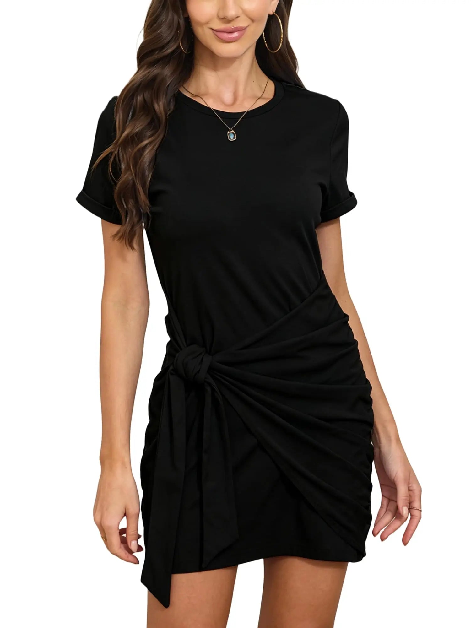 Short Sleeve Front Tie Ruched Mini Dress with Relaxed Casual Silhouette