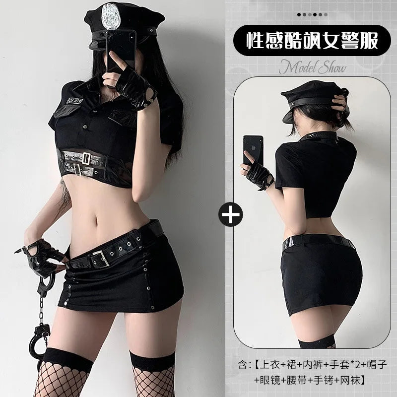 Bold Black Police Roleplay Set with Mesh-Panel Crop Top and Studded Mini Skirt