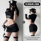 Bold Black Police Roleplay Set with Mesh-Panel Crop Top and Studded Mini Skirt