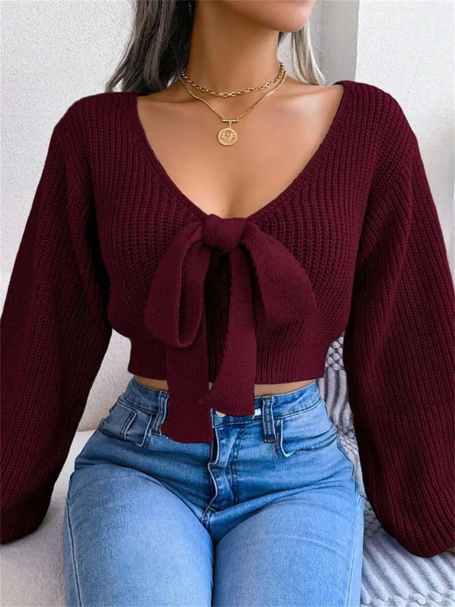 Women's V-Neck Bow Tie Front Cropped Knit Sweater With Relaxed Sleeves