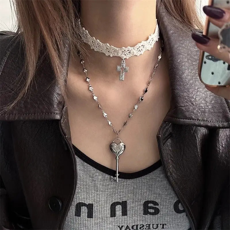 Layered Lace Choker Necklace Set with Key Pendant Gothic Aesthetic