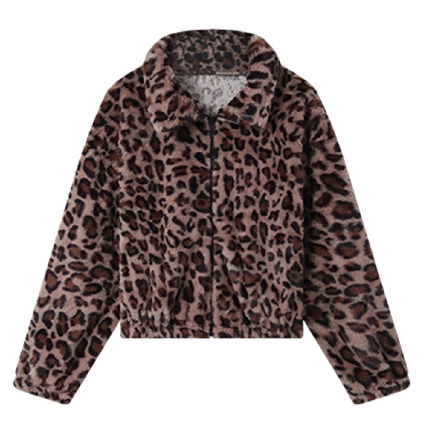 Women's Cropped Leopard Print Faux Fur Hooded Jacket Relaxed Streetwear Zip-Up Outerwear