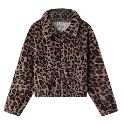 Women's Cropped Leopard Print Faux Fur Hooded Jacket Relaxed Streetwear Zip-Up Outerwear