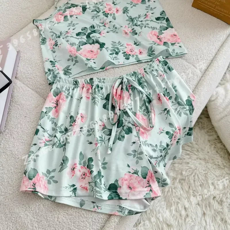 Women's Ice Silk-Style Pajama Set with Printed Sleeveless Top and Matching Shorts, Round Neck Lightweight Summer Sleepwear