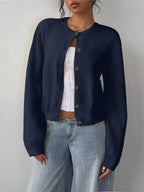 Women's Cropped Crew Neck Button Front Cardigan with Soft Knit Construction