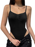 Ruched Spaghetti Strap Bodycon Bodysuit for Dark Aesthetic Alternative Styling