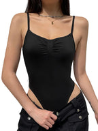 Ruched Spaghetti Strap Bodycon Bodysuit for Dark Aesthetic Alternative Styling