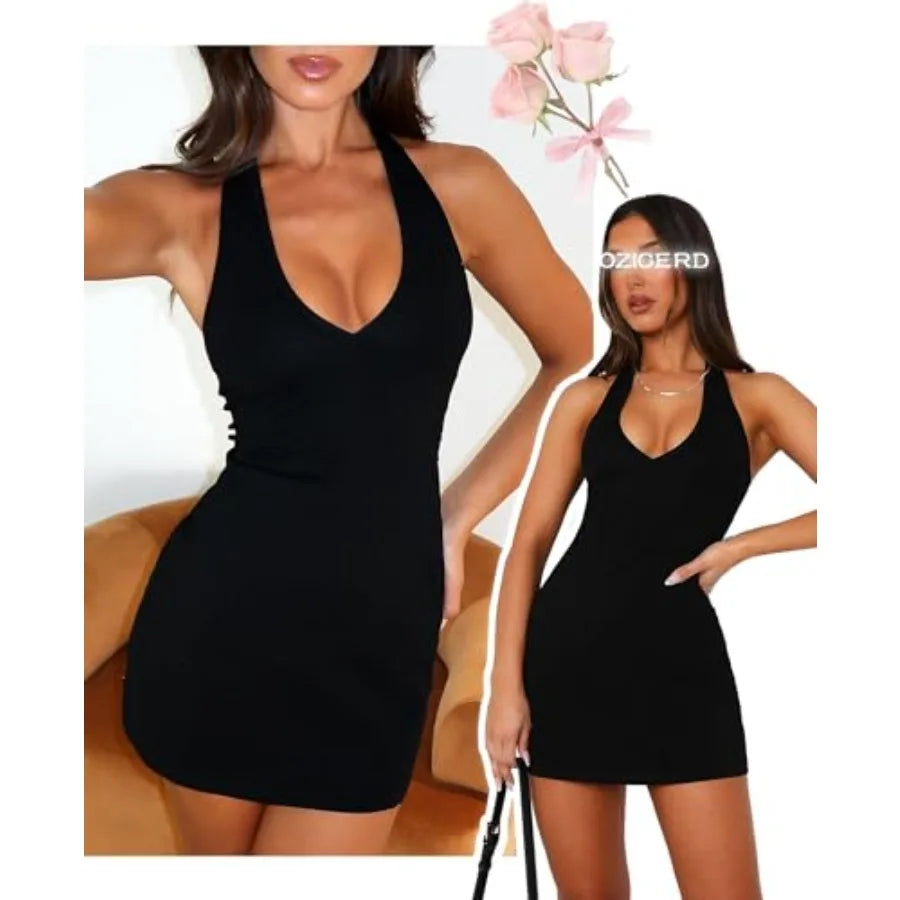 Sleek Black Halter-Neck Bodycon Mini Dress with Deep Plunge Silhouette