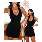 Sleek Black Halter-Neck Bodycon Mini Dress with Deep Plunge Silhouette