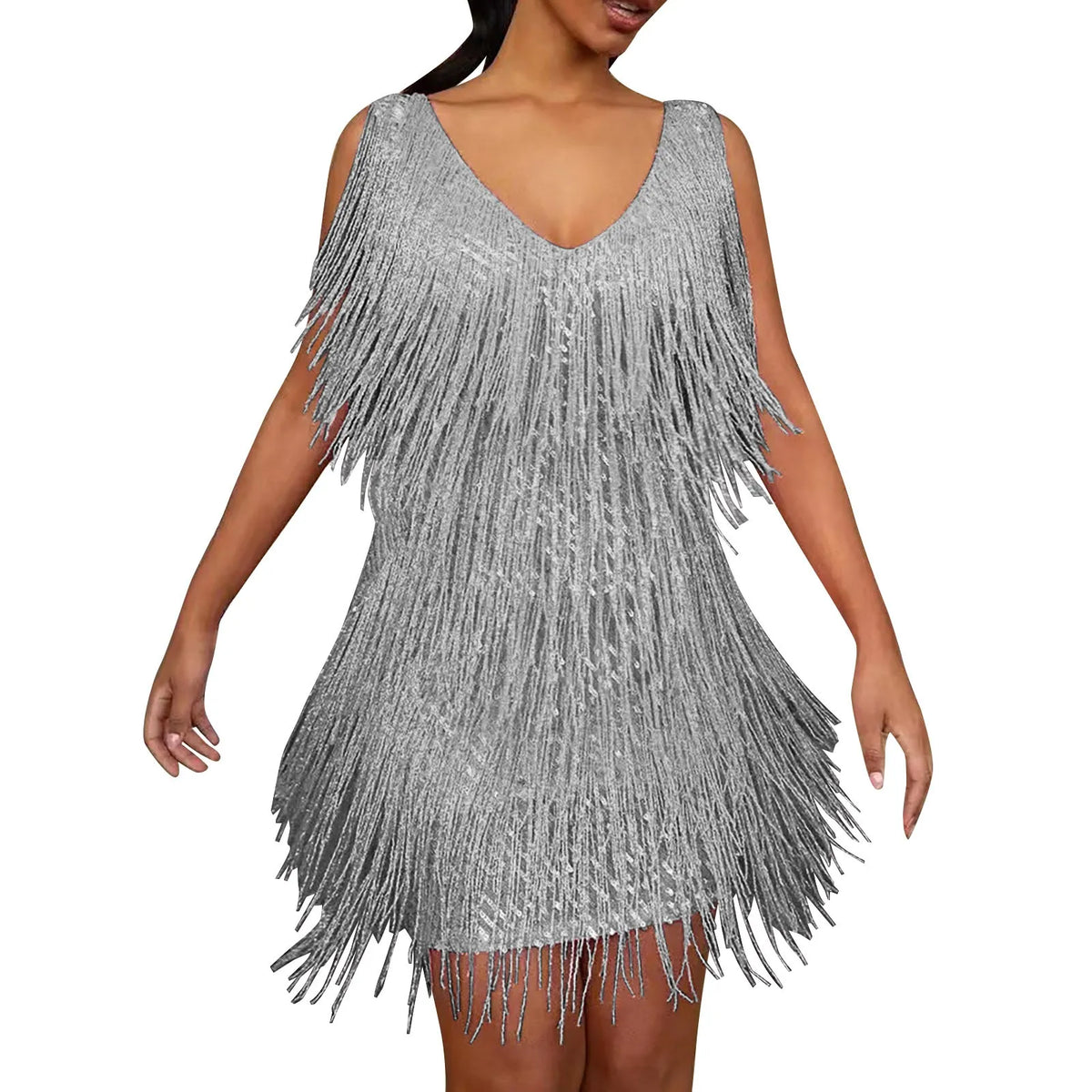 Layered Fringe V-Neck Mini Dress with Dynamic Tassel Detailing