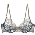 Elegant Silver Grey Floral Lace Underwire Bra with Blue Grid Accents