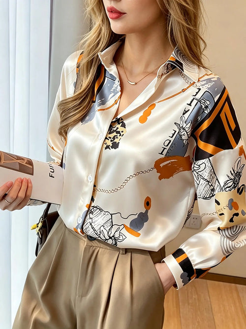 Abstract Retro Art Print Satin Button-Down Shirt with Classic Lapel Collar