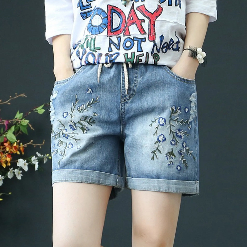 Women's Relaxed Denim Shorts with Drawstring Waist Embroidered Details and Casual Wide Leg Fit
