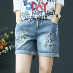 Women's Relaxed Denim Shorts with Drawstring Waist Embroidered Details and Casual Wide Leg Fit