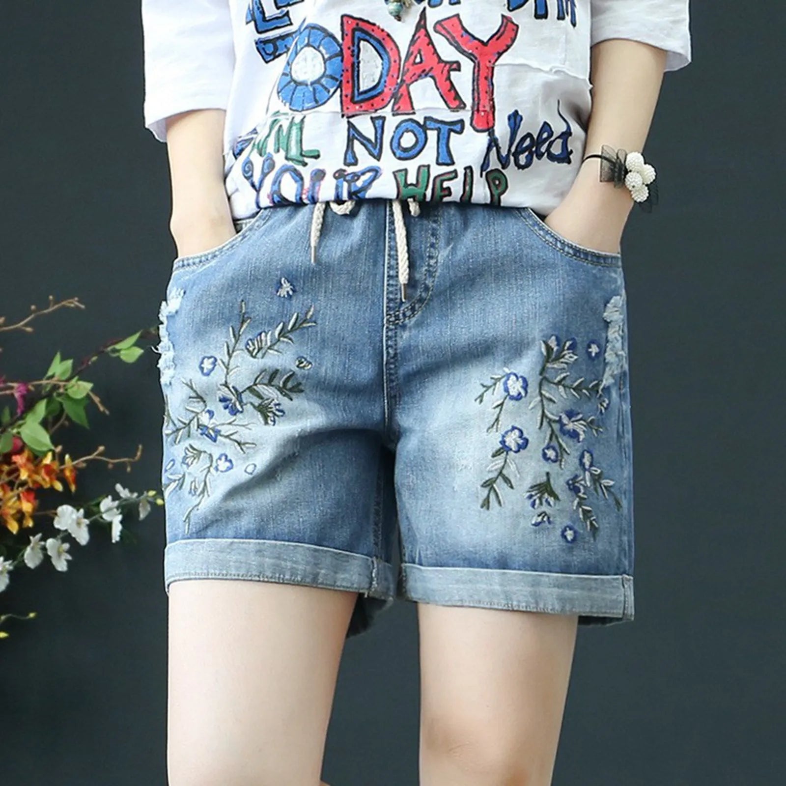 Women's Relaxed Denim Shorts with Drawstring Waist Embroidered Details and Casual Wide Leg Fit