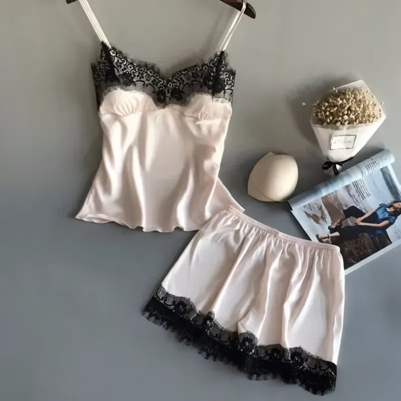 Women's Lace-Trim Satin-Look Pajama Set with V-Neck Camisole Top and Matching Shorts, Sleeveless Two-Piece Nightwear