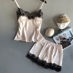 Women's Lace-Trim Satin-Look Pajama Set with V-Neck Camisole Top and Matching Shorts, Sleeveless Two-Piece Nightwear