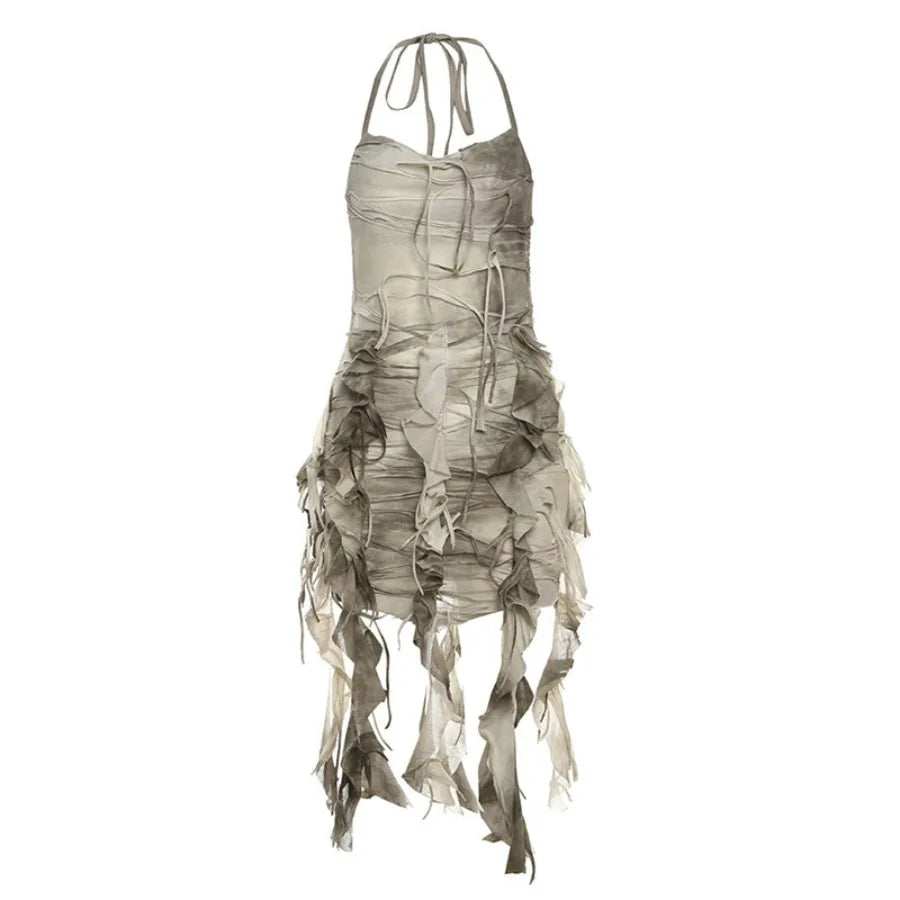 Distressed Layered Chiffon Mini Dress With Dark Alternative Streetwear Fashion Appeal