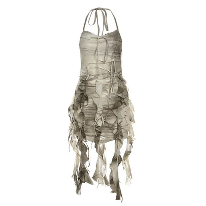 Distressed Layered Chiffon Mini Dress With Dark Alternative Streetwear Fashion Appeal