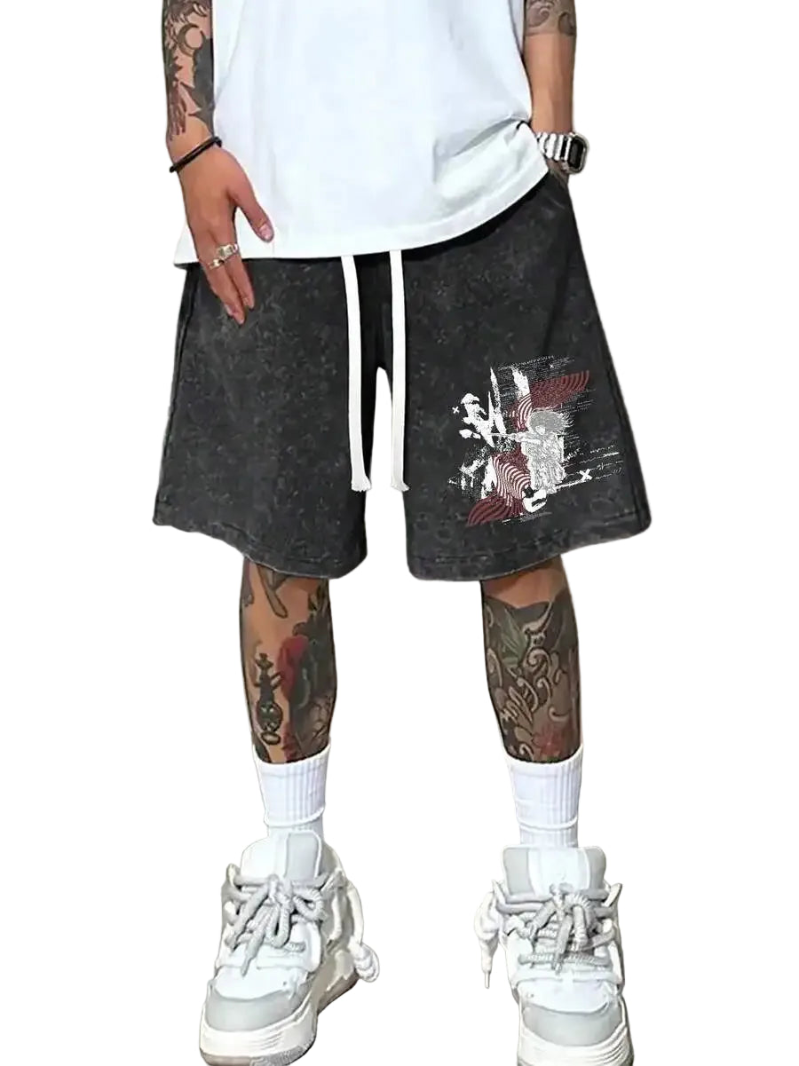 Men's Washed Cotton Shorts with Artistic Graphic Print and Relaxed Casual Streetwear Design