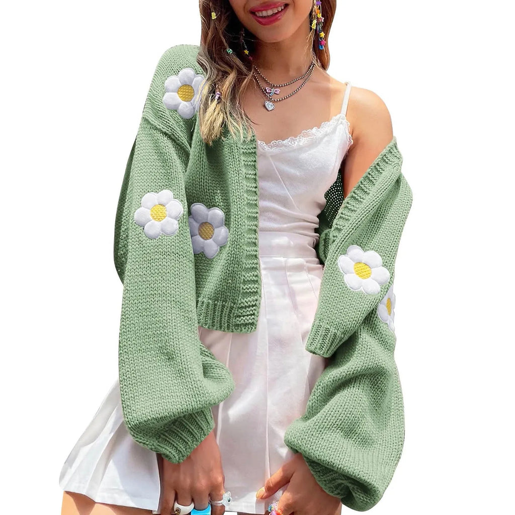 Women's Floral Knit Cardigan Relaxed Fit Contemporary Layering Sweater