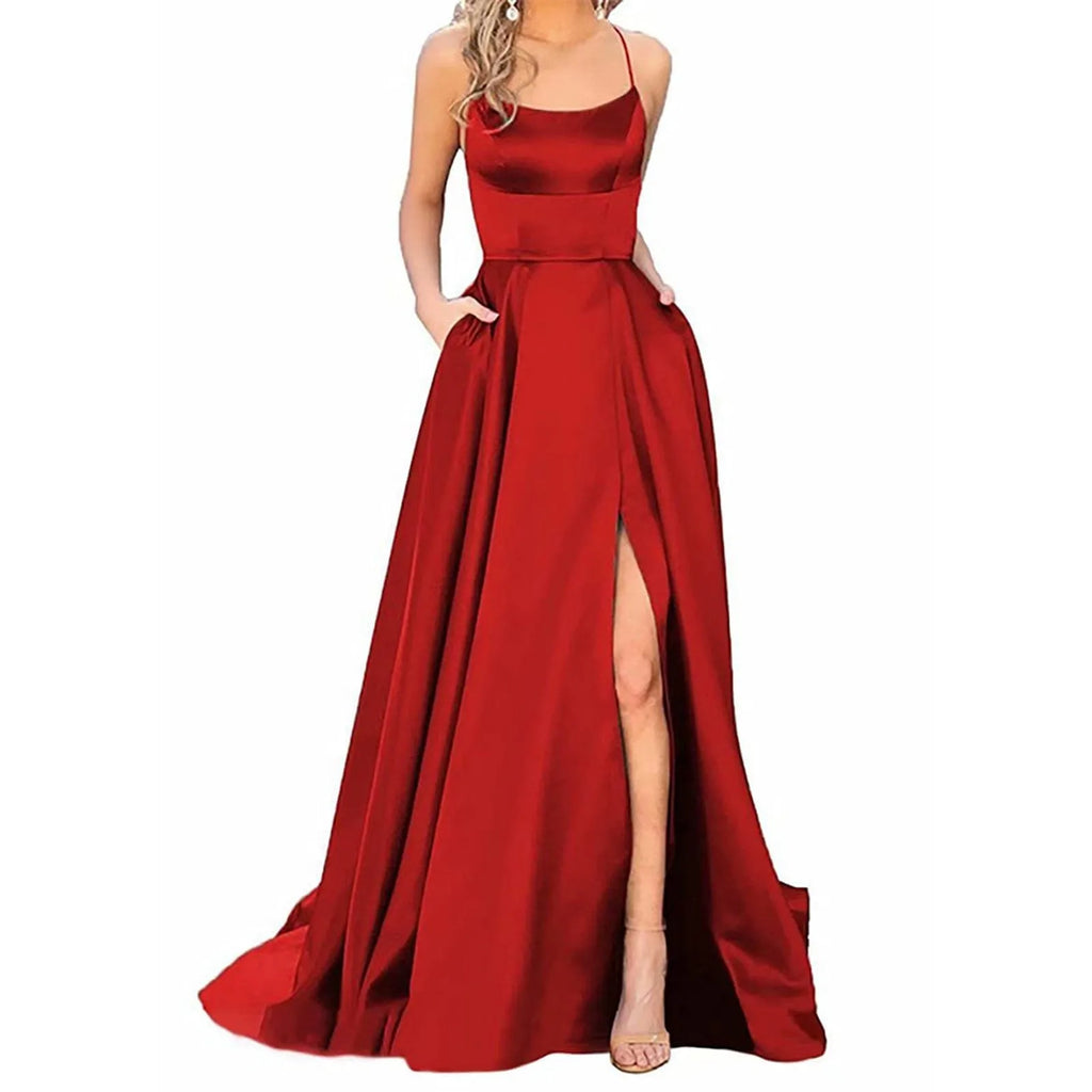 Spaghetti Strap Maxi Dress with Open Back Design and Side Slit Detail