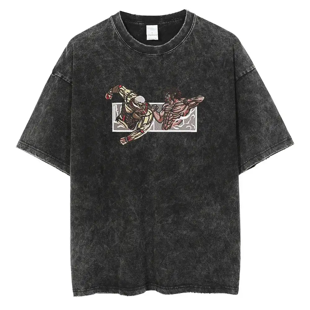 Manga Action Graphic Oversized Vintage Washed Anime Streetwear Cotton T-Shirt