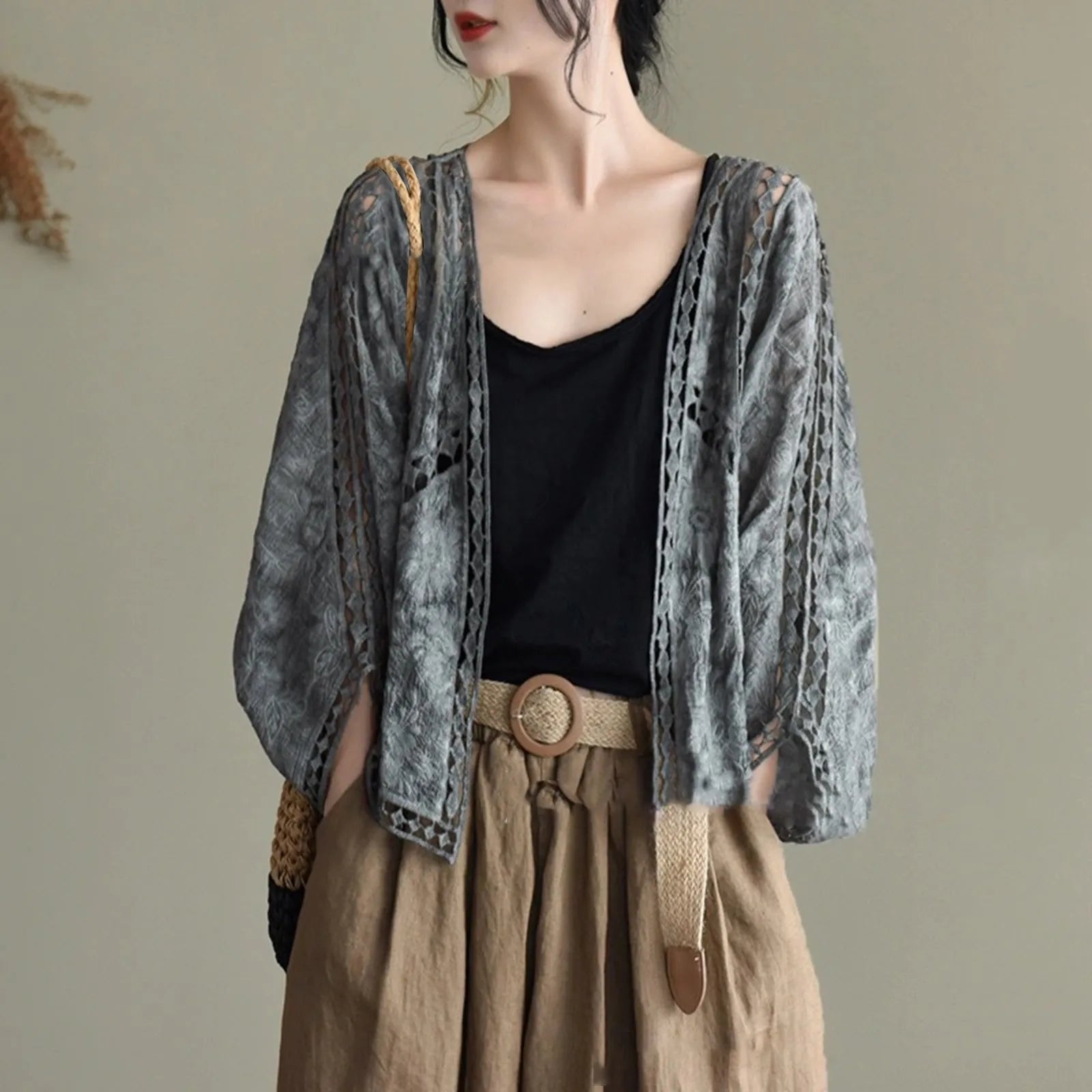 Women's Open Front Lightweight Knit Cardigan with Relaxed Three Quarter Sleeves