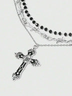 Layered Cross Pendant Necklace Set for Gothic Punk and Alternative Streetwear Fashion Styling