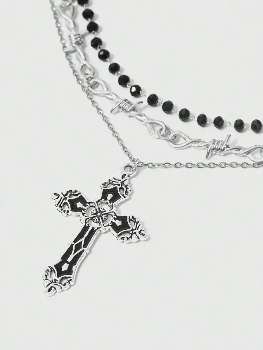 Layered Cross Pendant Necklace Set for Gothic Punk and Alternative Streetwear Fashion Styling