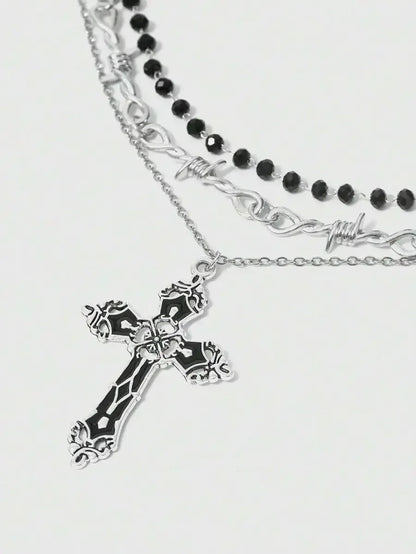 Layered Cross Pendant Necklace Set for Gothic Punk and Alternative Streetwear Fashion Styling