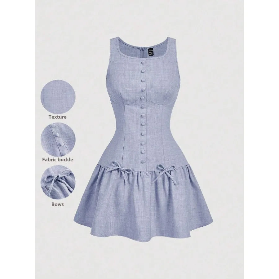 Button Front Mini Dress with Bow Detail and Flared Hem Silhouette