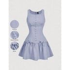 Button Front Mini Dress with Bow Detail and Flared Hem Silhouette