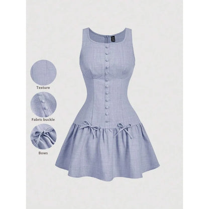 Button Front Mini Dress with Bow Detail and Flared Hem Silhouette